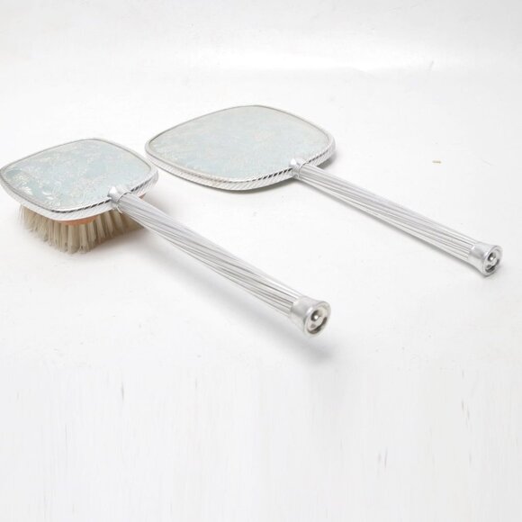 Vintage Vanity Dressing Table Brush Mirror Set England Metal Silver Wood - Picture 6 of 13